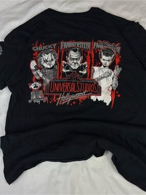 Universal Black Graphic Tee with Red & White Horror Character Art